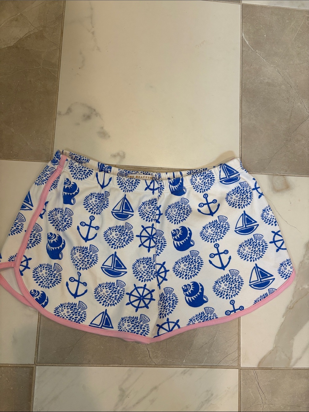 The Beaufort Bonnet Company White & Blue Nautical Shorts with Pink Trim